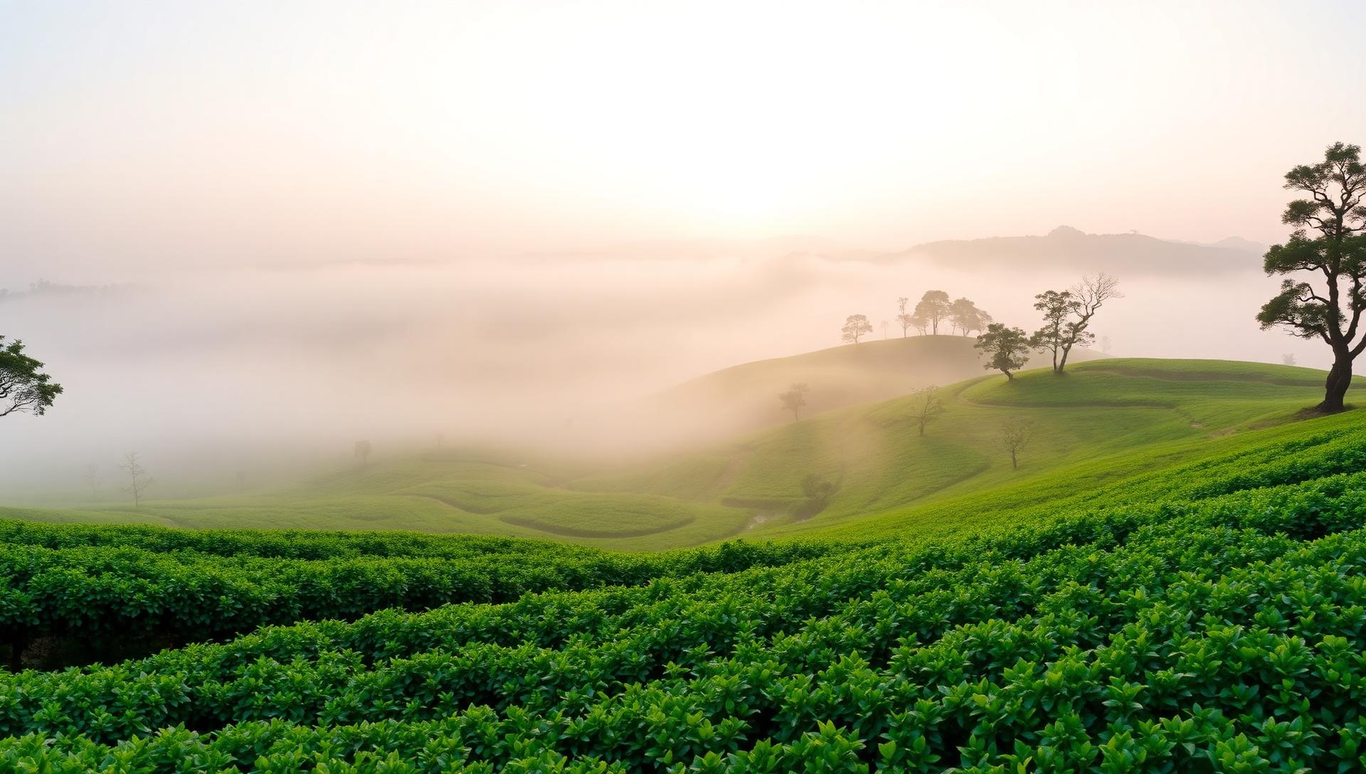 Mist rising over a tea estate in Upper Assam at dawn